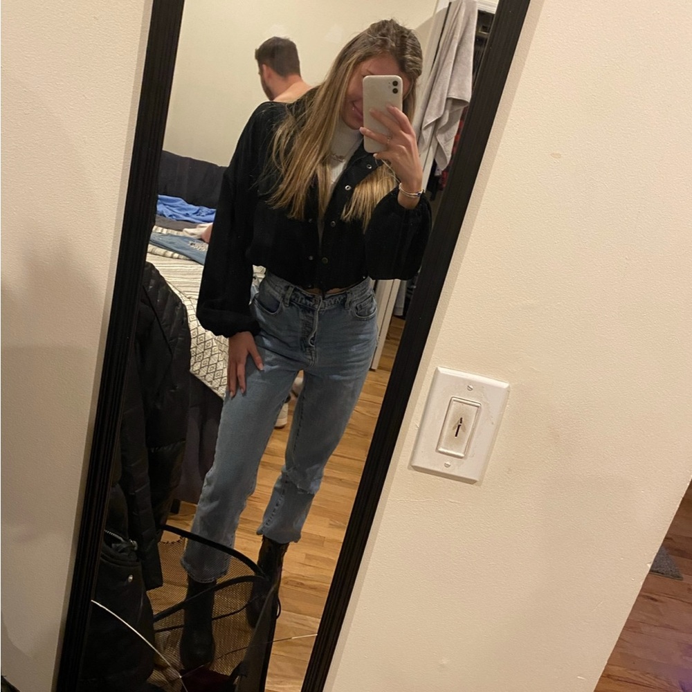 Cropped Corduroy Black Bomber Jacket with Snap & Zip Front